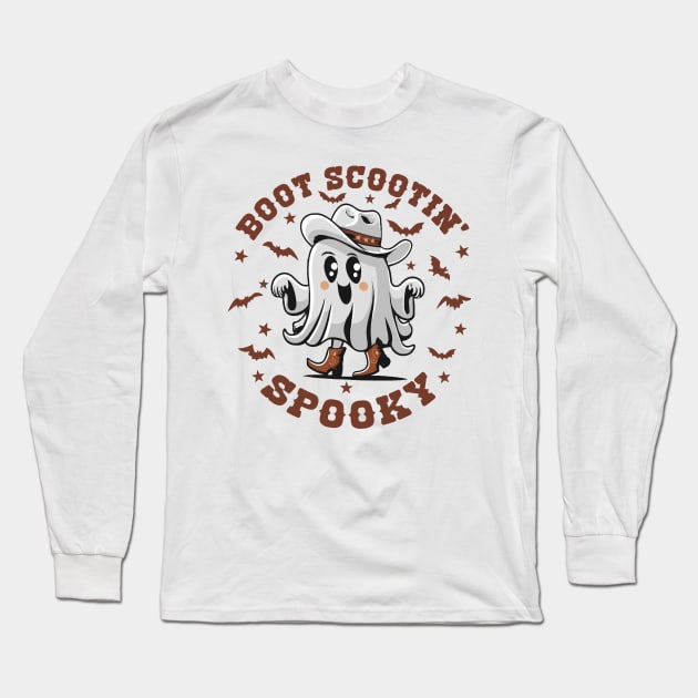 Cute Boot Scootin' Spooky Halloween Ghost Kid's Girls Halloween Western Country Long Sleeve T-Shirt by TeeCreations